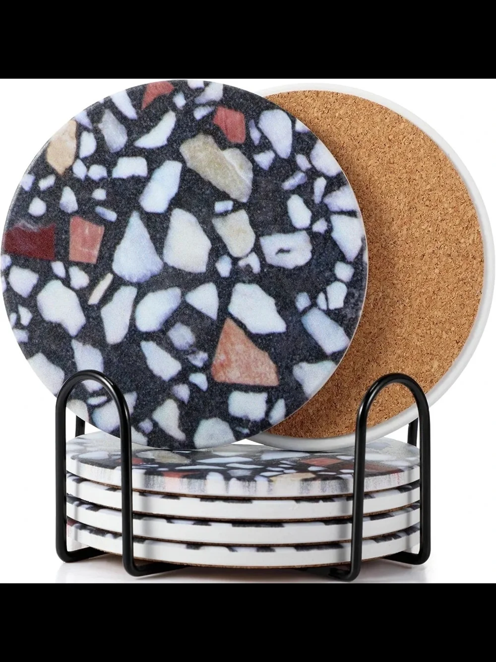 6x Abstract Absorbent Ceramic Marble Coasters with Holder, 4in (Elegant Pattern)